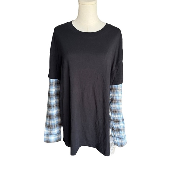 Urban Outfitters - NWT Plaid Sleeve Black Tee Grunge Y2K 90s Band Style Sz L - Picture 2 of 8
